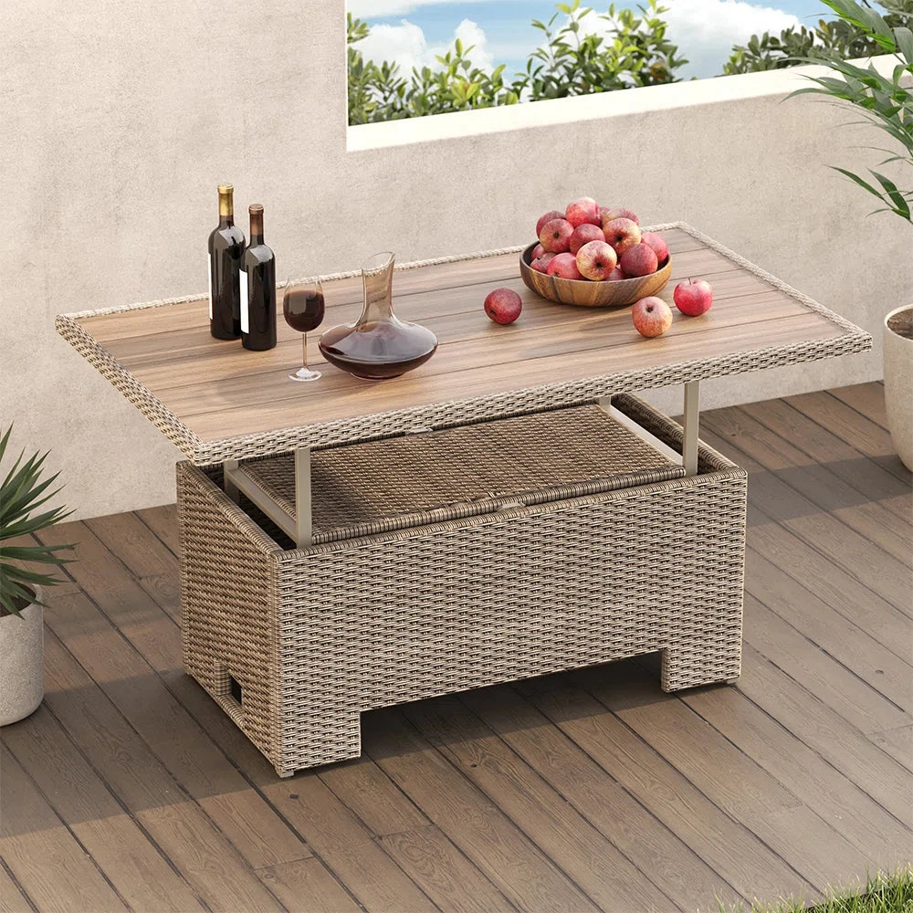 Outdoor Coffee Dining Table , Adjustable Slat Lift Top, Wicker Furniture Multi-Function Dining Table