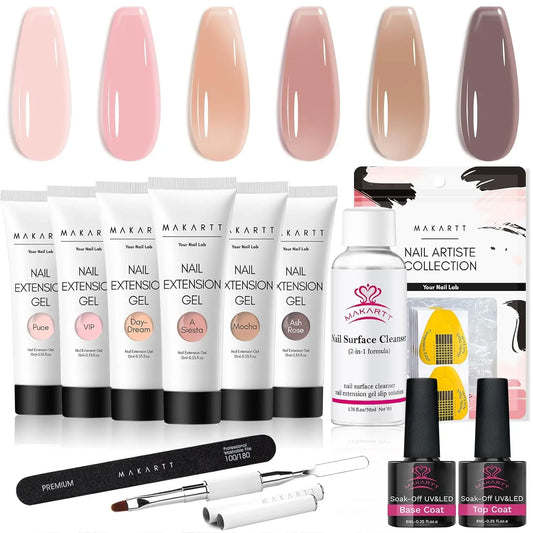 Makartt Poly Nail Gel Kit: 6 Nude Colors Solid Builder 15ML for Extension Enhancement Set with Slip Solution Base Top Coat Dual