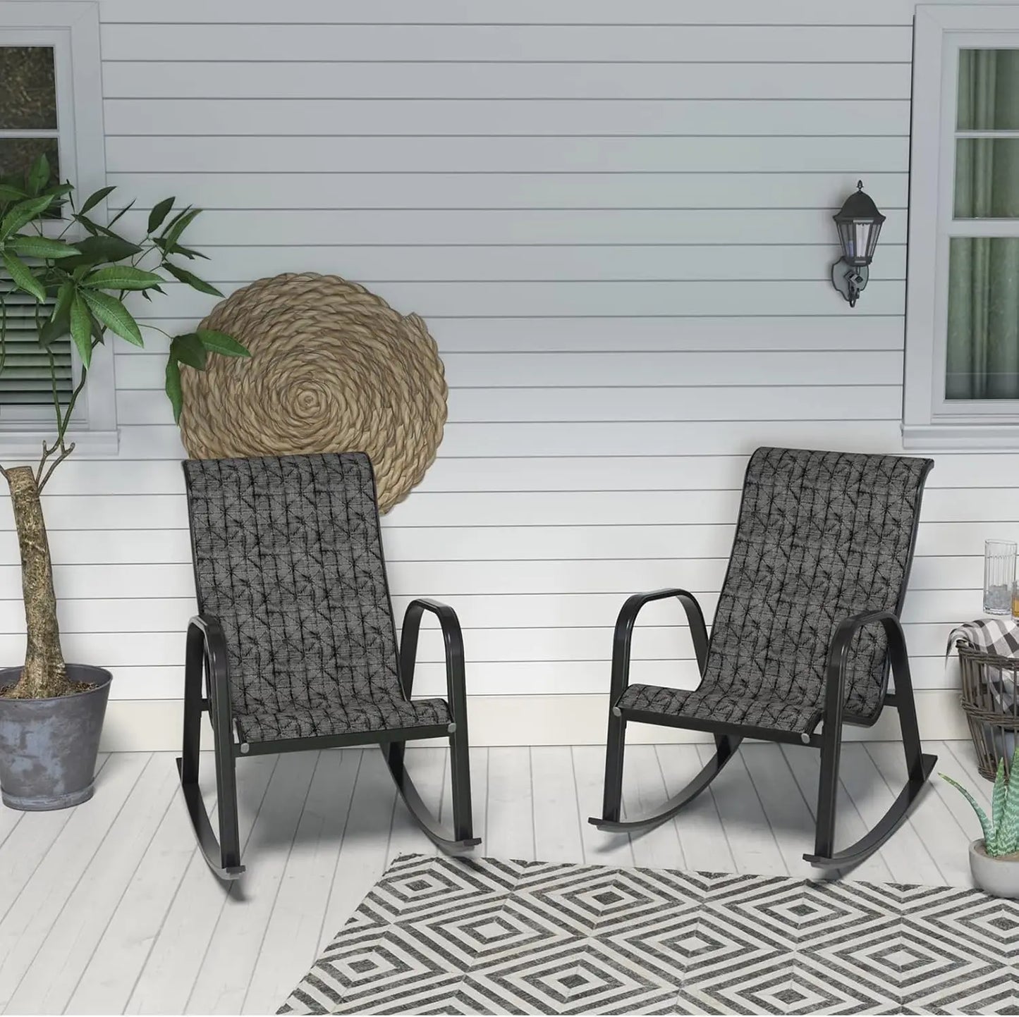 Mesh Sling Rocking Chair,Outdoor E-coated Steel Rocker Seating Furniture for Front Porch Garden Patio Backyard