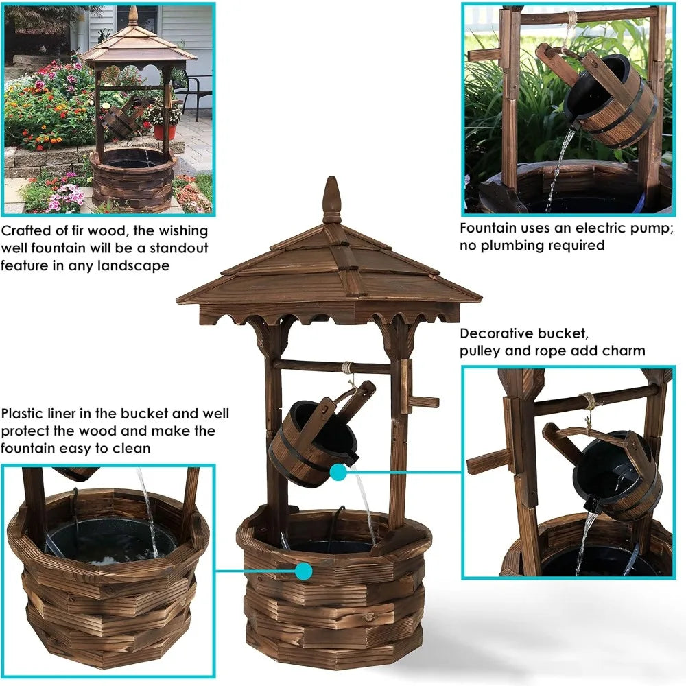 Electric Water Fountain - Outdoor 48-Inch Old-Fashioned Wooden Wishing Well Garden Fountain - for Garden, Patio, Decks