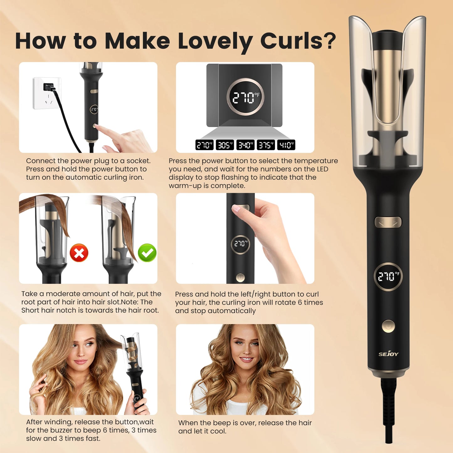 SEJOY Auto Curling Iron, Professional Anti-Tangle Auto Hair Curler with 1.0-inch Rotating Barrel, 5 Temps  and Auto Shut-Off