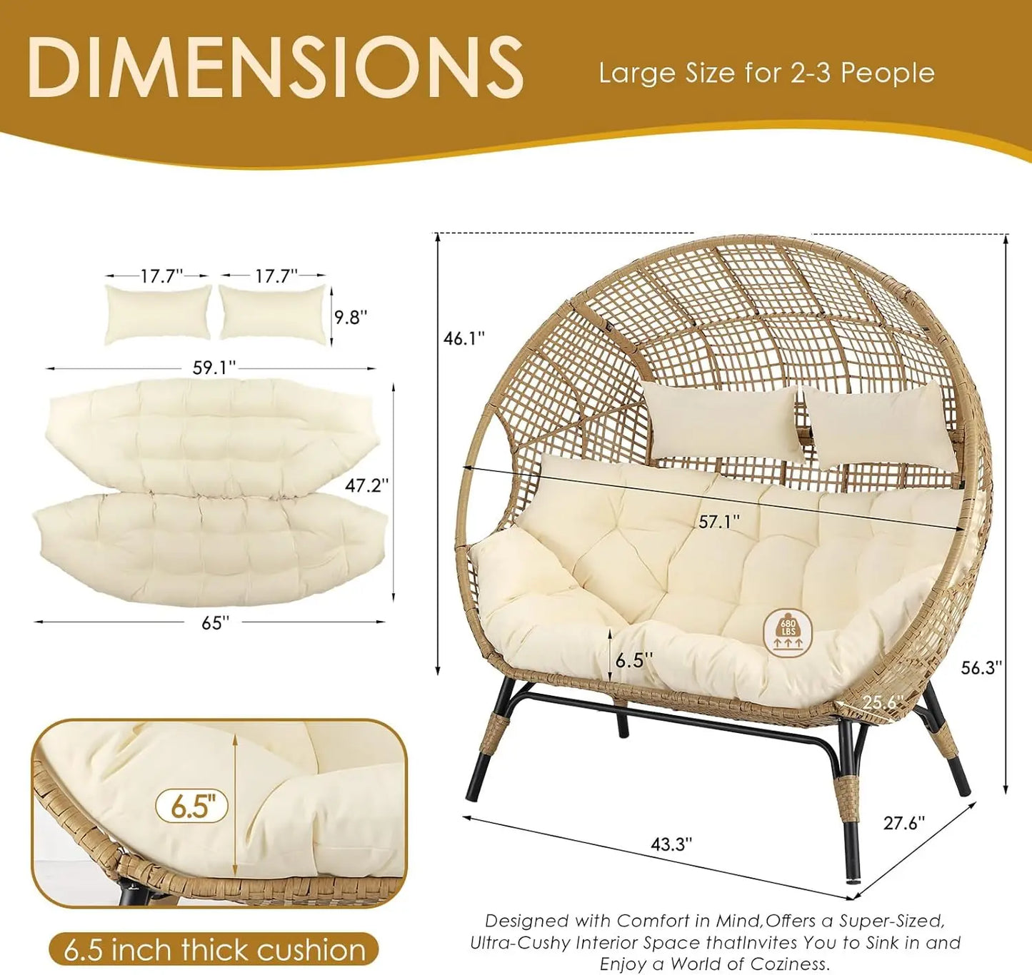 Double Egg Chair Indoor Outdoor Stationary Oversized Thicken Padded Cushions,2 Person Egg Loveseat Chair