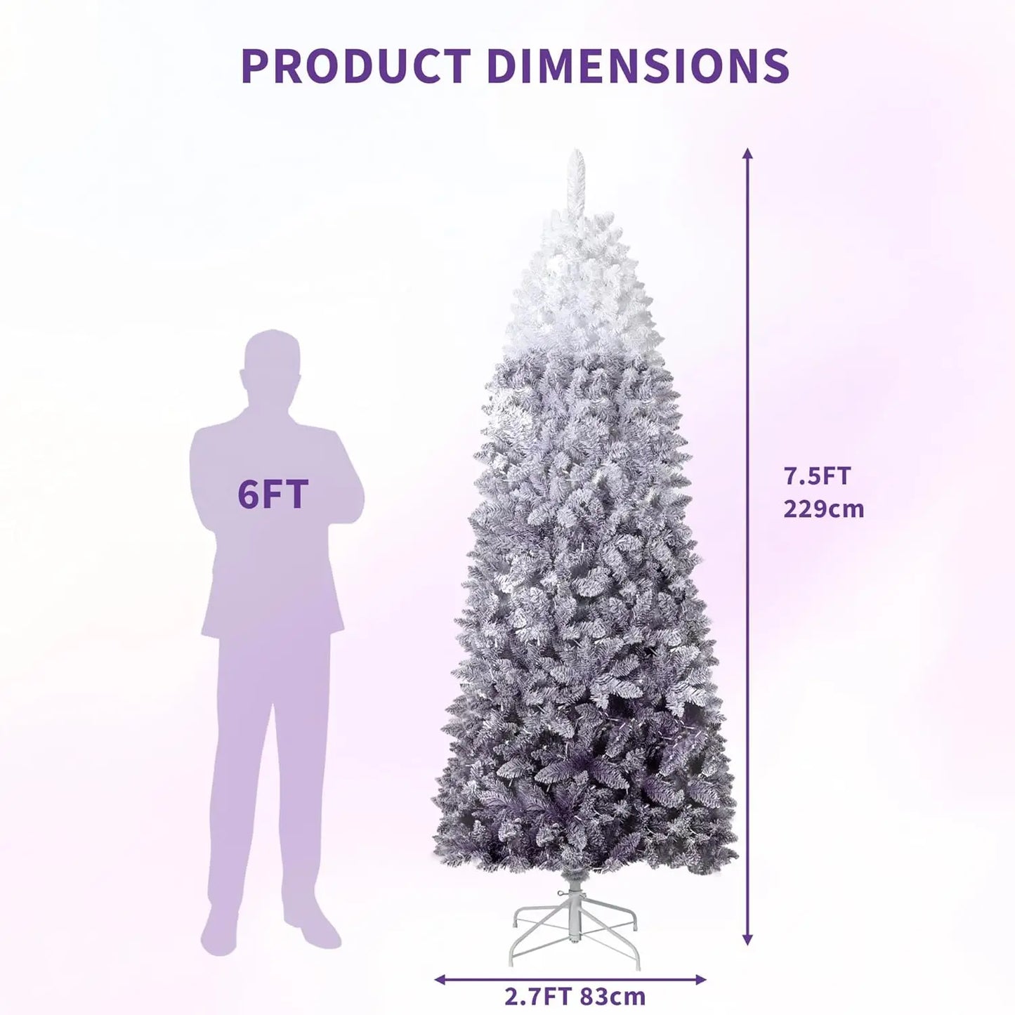 6ft/7.5ft Snow Flocked Pencil Christmas Tree Slim Artificial Christmas Tree Skinny Xmas Tree Holiday Decoration Purple Gradient