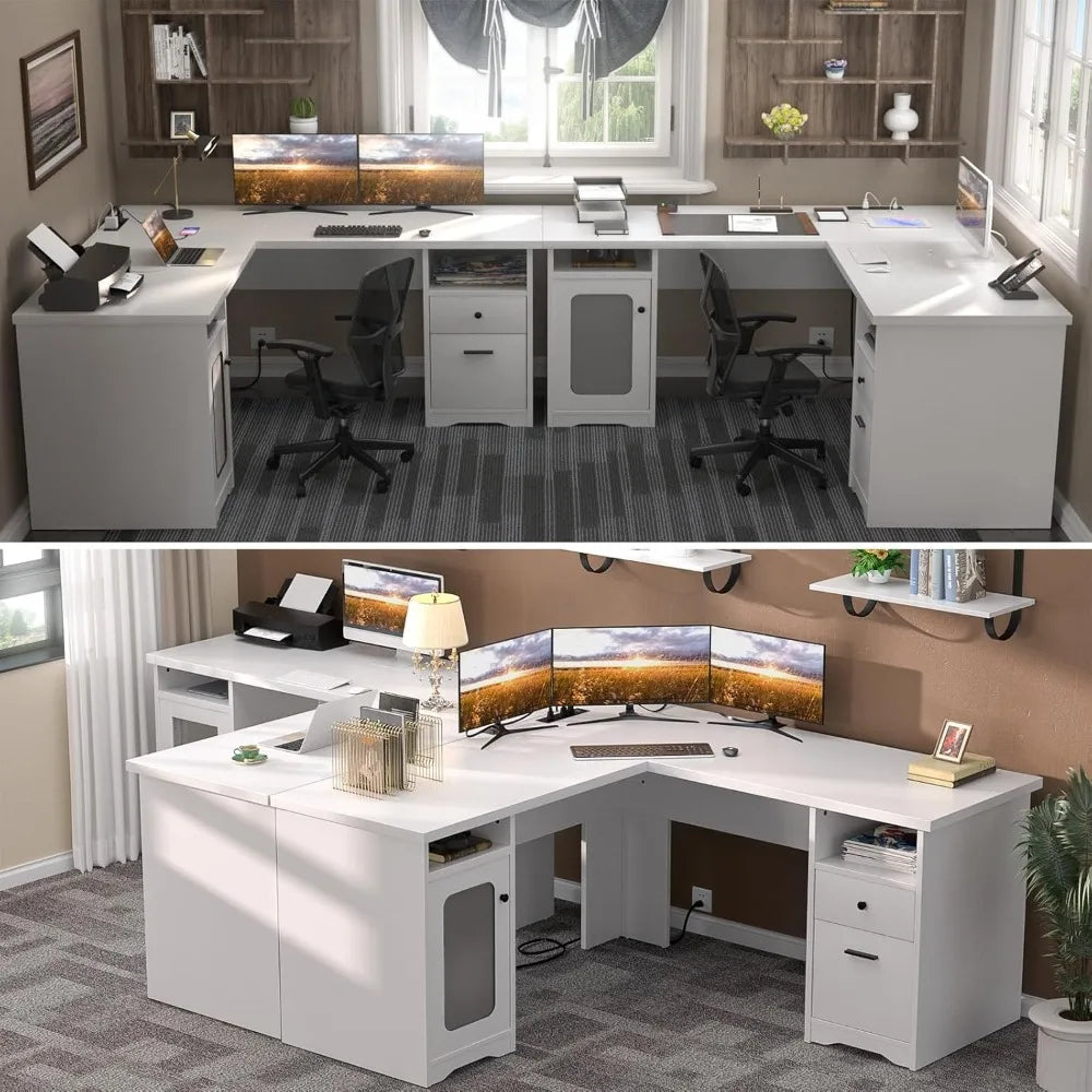 L Shaped Computer Desk with Drawer, 60 Inch Office Desk with Power Outlets and USB Ports, Large L Shape Corner Desks