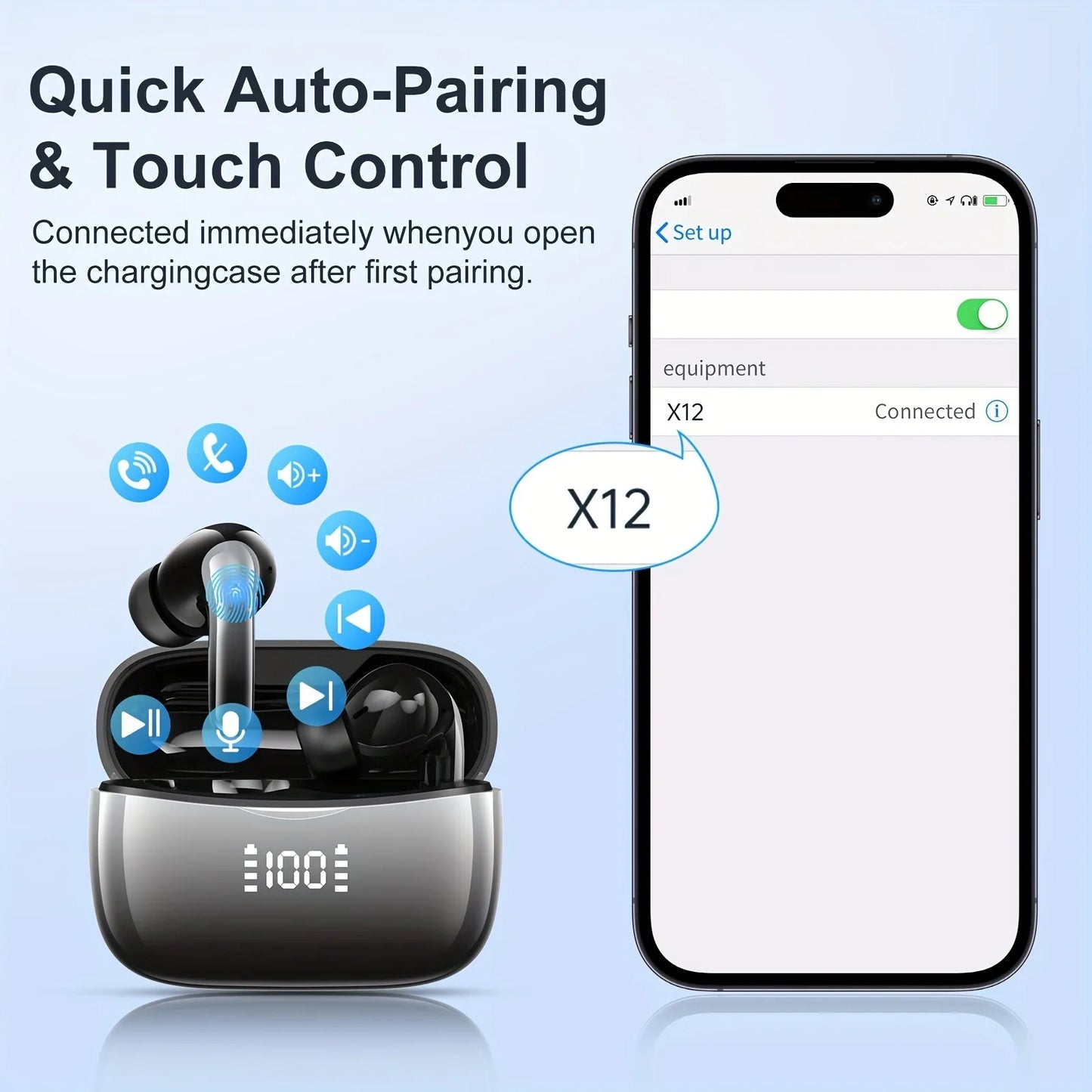 Wireless Earbuds, Bluetooth 5.3 Headphones Stereo Deep Bass with LED Display, 56H Playtime with Noise Cancelling Mic