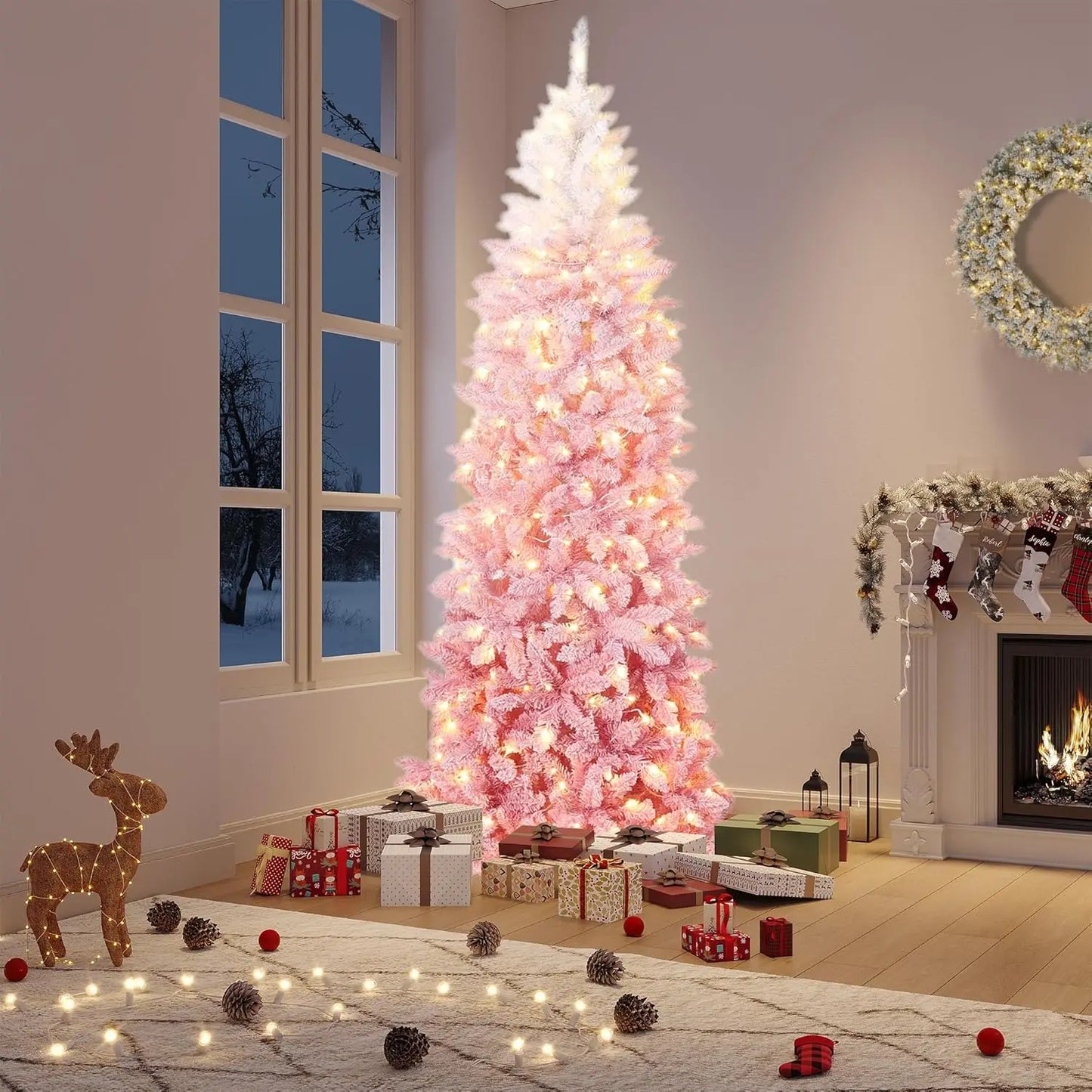4.5Ft/6Ft/7.5Ft/9Ft Pencil Christmas Tree Artificial Slim Xmas Trees Skinny Christmas Tree Decorations Fake Flockeds White Pink