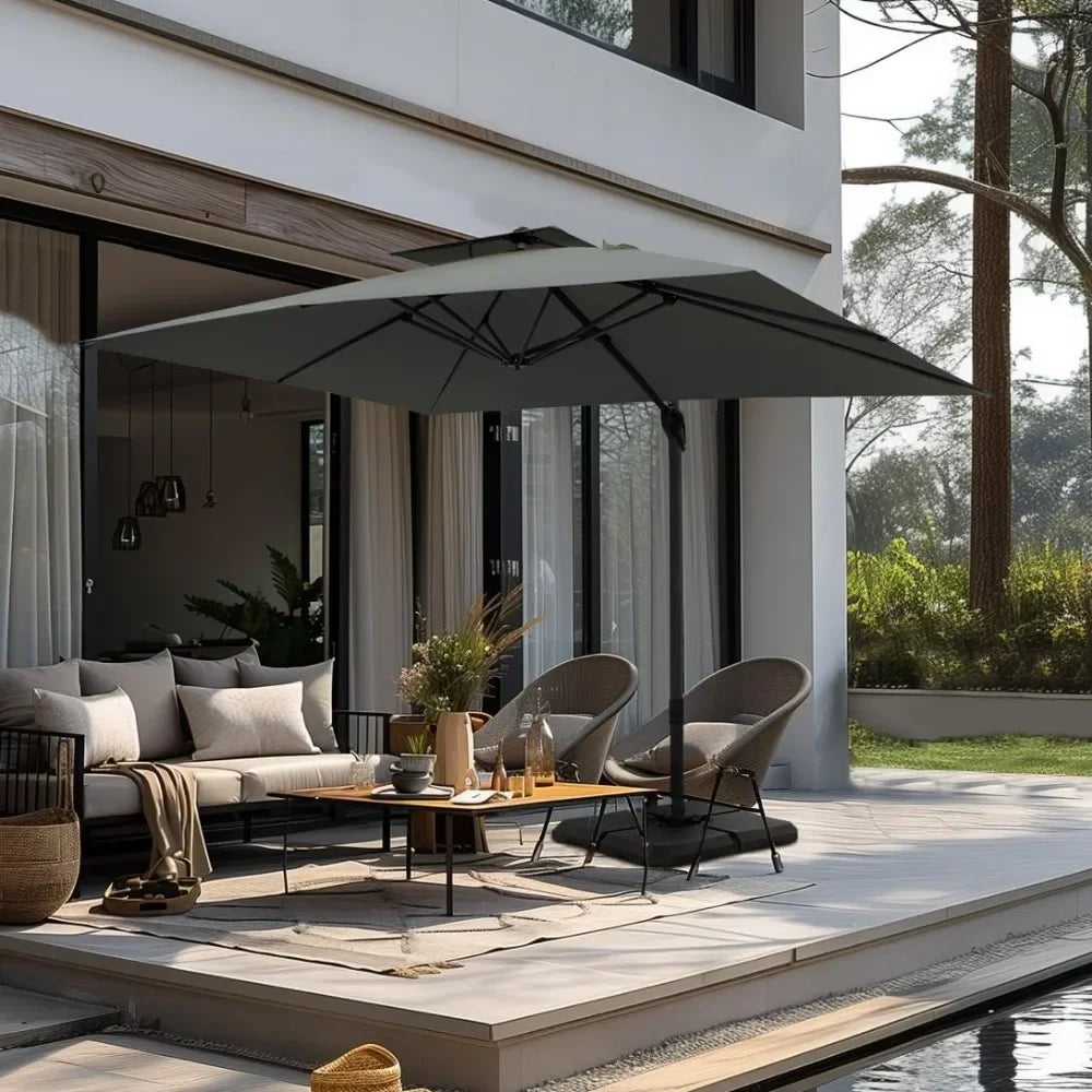 Cantilever Patio Umbrella with Base, 9' X 12' Outdoor Large Rectangluar Umbrellas with 360°Rotation, Heavy Duty Hydraulic