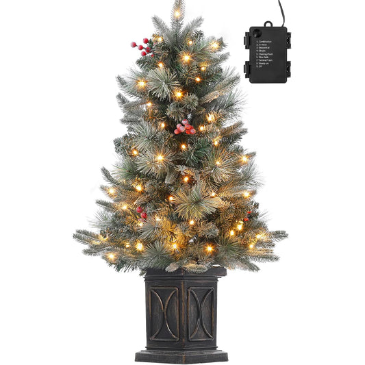 3 FT Pre-Lit Artificial Snow Flocked Christmas Tree with 78 LED White Lights 8 Lighting Modes Red Berries Brown Base