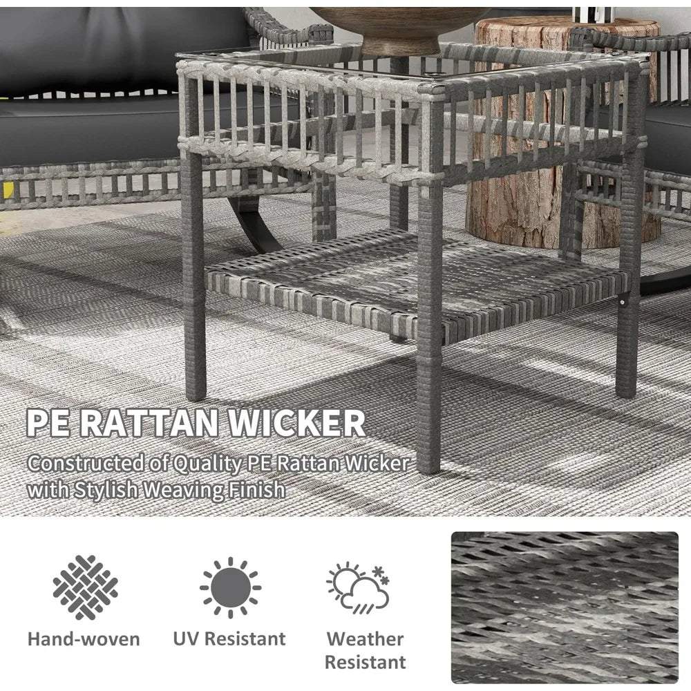 Wicker Outdoor Rocking Chair Set, 3 Piece Patio Furniture Set with Padded Cushions and Storage Coffee Table, 2-Seater PE Rattan