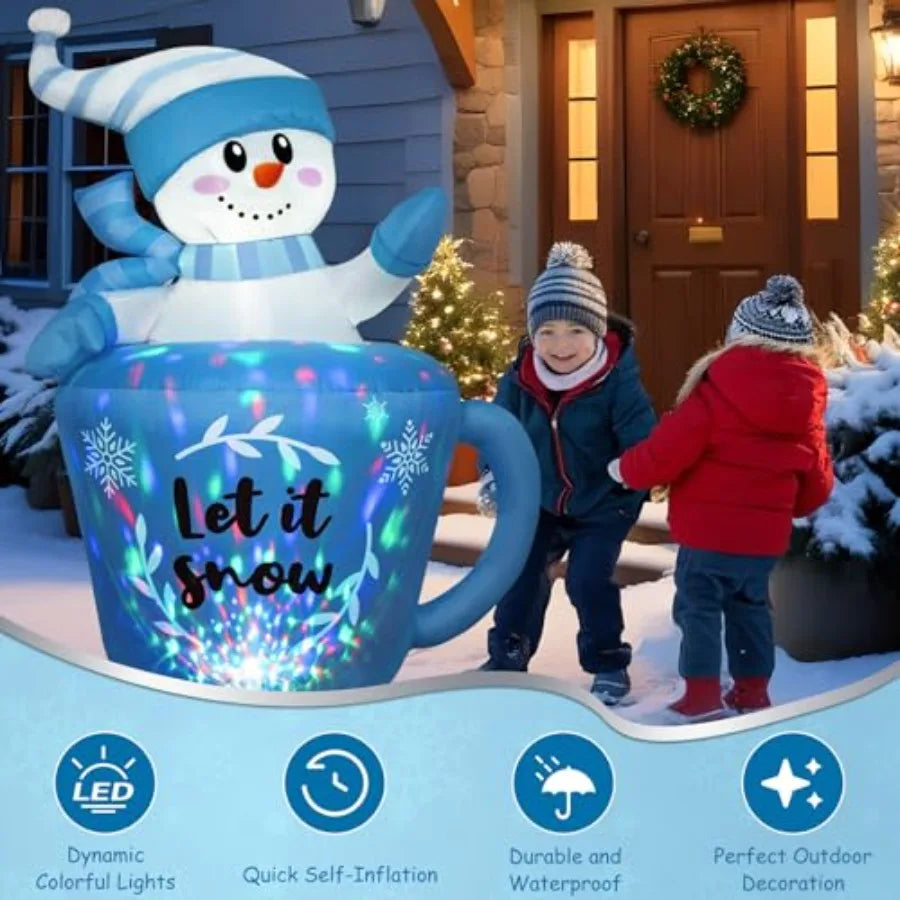 5FT Christmas Inflatable Snowman in Mug Adorable Blue Snowman Blow Up Awaiting the Snow Outdoor Winter Decorations with Builtin