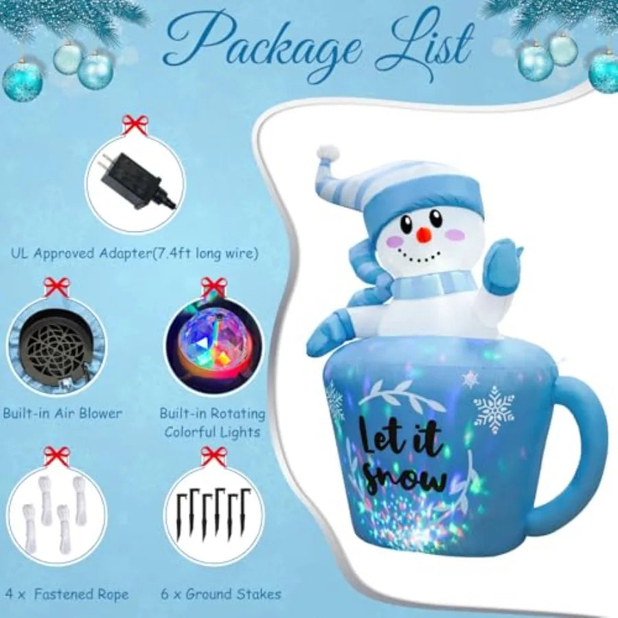 5FT Christmas Inflatable Snowman in Mug Adorable Blue Snowman Blow Up Awaiting the Snow Outdoor Winter Decorations with Builtin