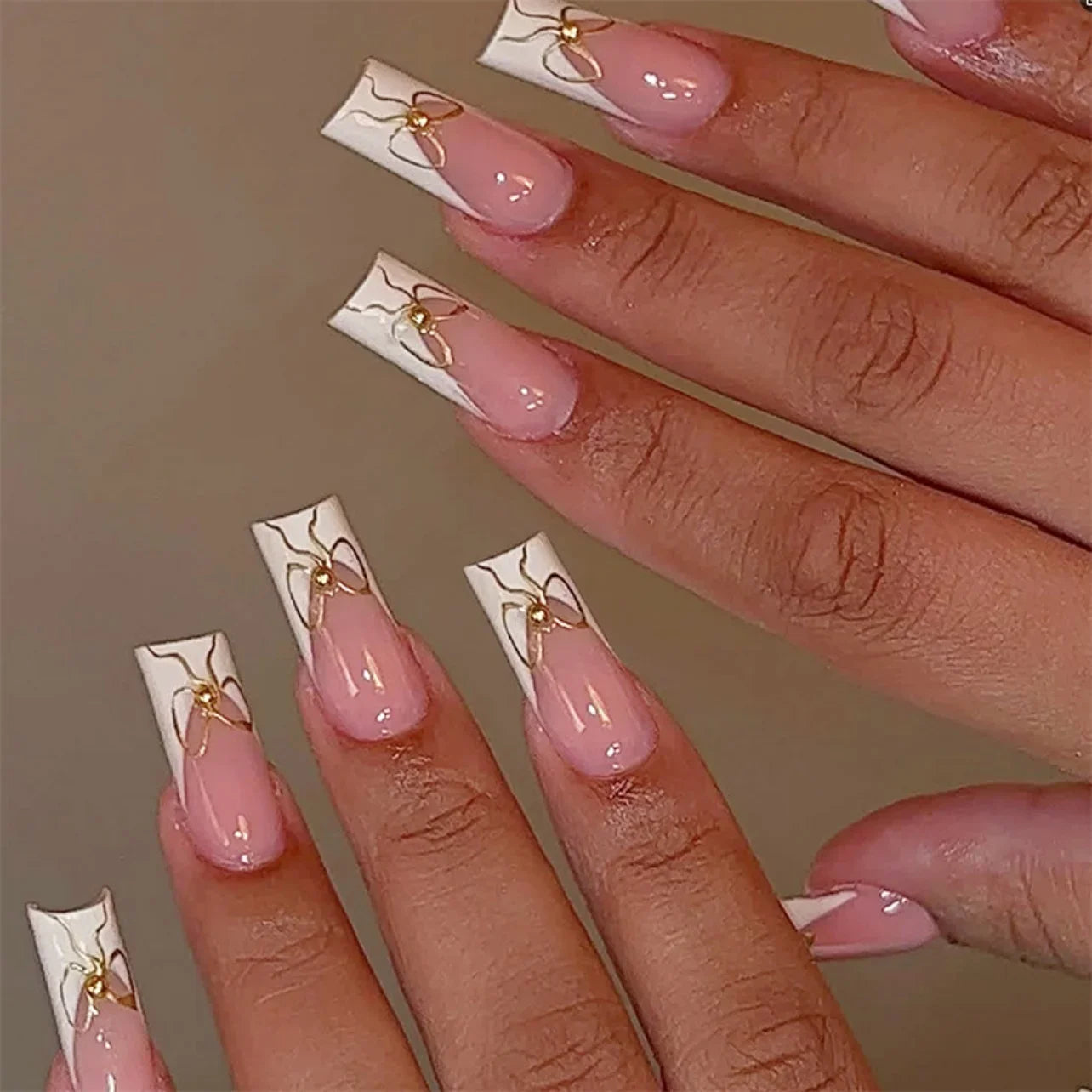 24pcs Mid-length Press on Nails Pink French Full Cover Flower Design Fake Nail Reusable Pearl False Nail with Jelly Glue Nails