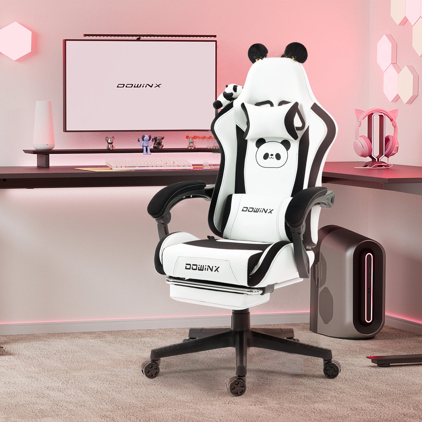 Dowinx Gaming Chair Cute with Cat Ears and Massage Lumbar Support, Ergonomic Computer Chair for Girl with Footrest and Headrest