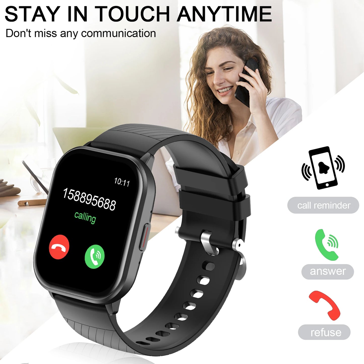 Smart watch,  calling reminder and rejection, wireless calling /dial, multi -Sport mode,SMS reminder, for iPhone/Android