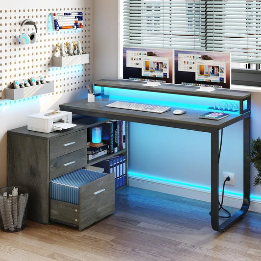 L-Shaped Gaming Computer Desk Home Office Desk File Drawers