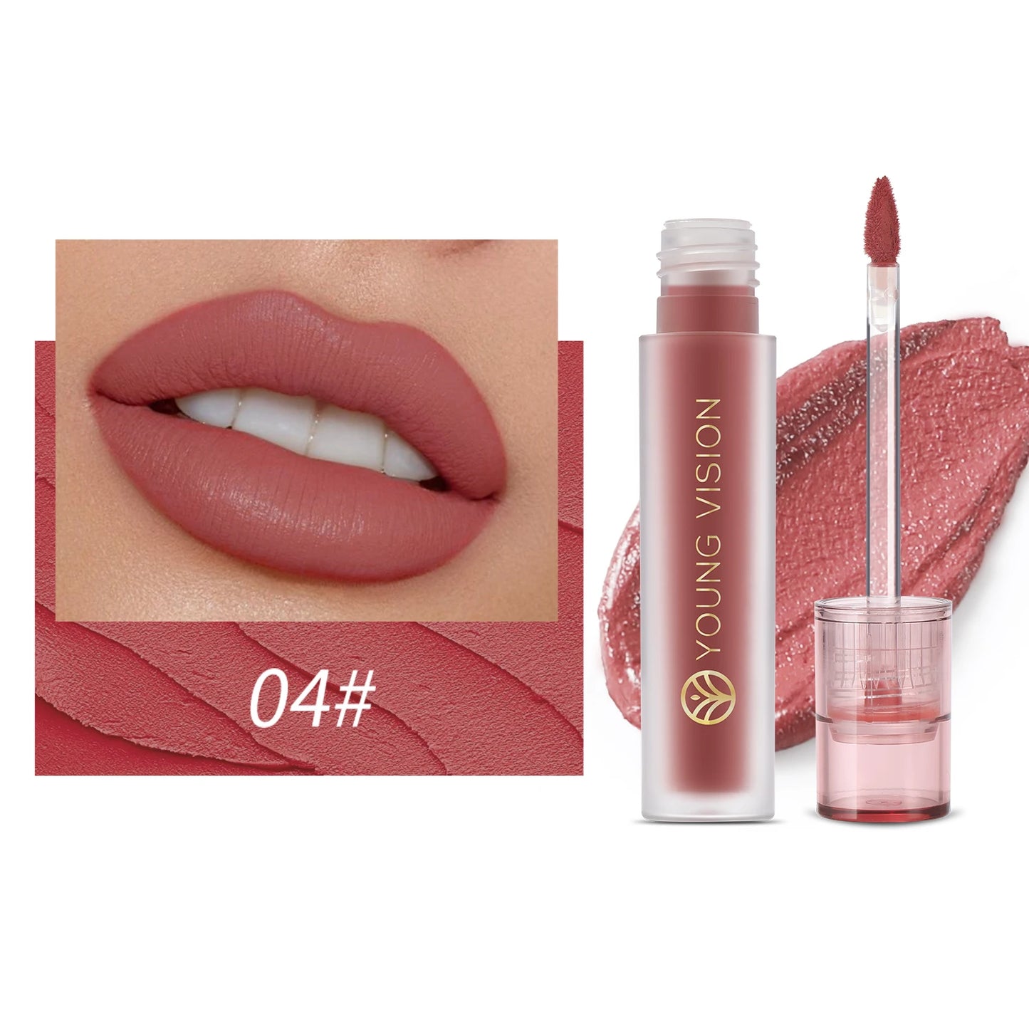 YOUNG VISION's 6-color Matte Velvet Lip Paste is a non-sticky, long-lasting liquid lipstick that is comfortable to wear.