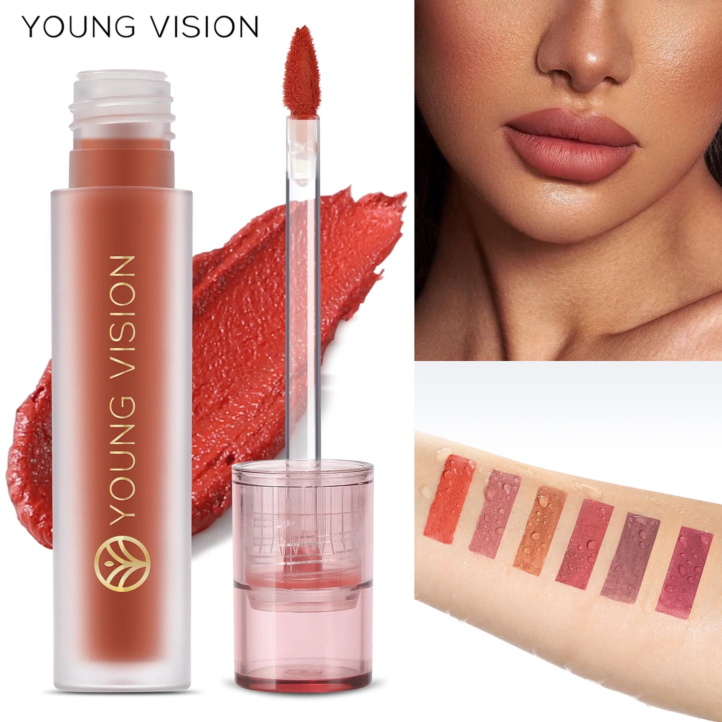 YOUNG VISION's 6-color Matte Velvet Lip Paste is a non-sticky, long-lasting liquid lipstick that is comfortable to wear.