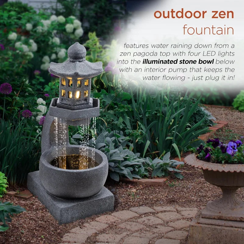 DIG370 31"Outdoor Zen Pagoda Water Fountain with LED Lights&Illuminated Stone Bowl–Tranquil Garden Water Feature for Relaxation