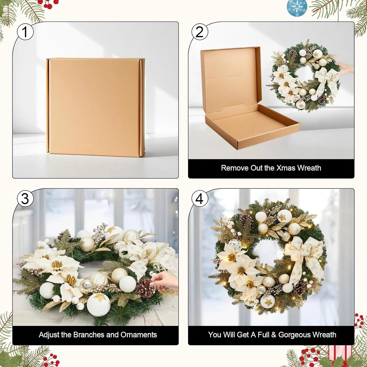 24 Inch Lighted Christmas Wreath with Timer Pre-Lit Xmas Wreath with Flower Bowknot Pine Cones Balls Battery Operated Wreath