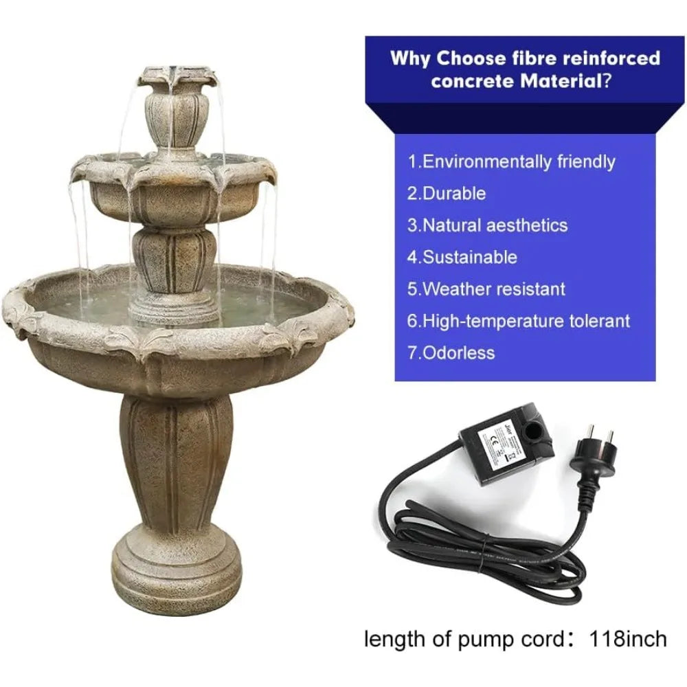 48”Tall Zen Modern Outdoor Fountain with Pump for Garden, Patio, Backyard,Deck,Lawn, Porch, 3-Tiered Pagoda Garden Fountain Out