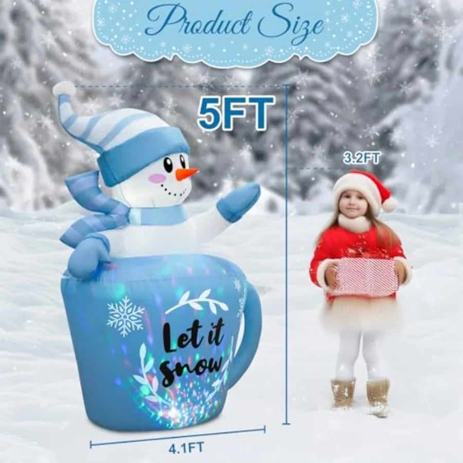 5FT Christmas Inflatable Snowman in Mug Adorable Blue Snowman Blow Up Awaiting the Snow Outdoor Winter Decorations with Builtin