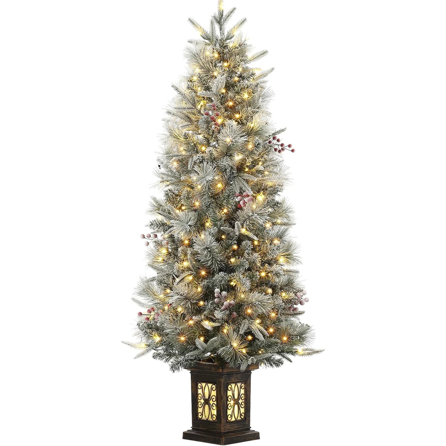 4.5ft Pre-Lit Flocked Artificial Christmas Tree Xmas Tree With 386 Branch Tips & 200 Lights  For Home Party Decor Room Ornaments