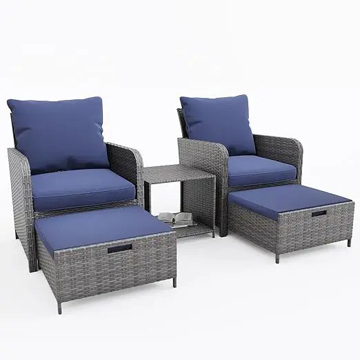 Balcony Furniture Outdoor Patio Chair with Ottoman for Small Space, 5 Piece Wicker Patio Furniture Set with Side Table, Khaki