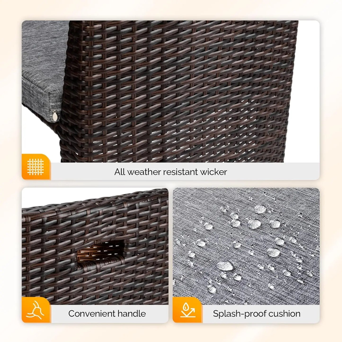 3 PCS Wicker Outdoor Patio Bistro Set, Patio Furniture Set for Small Space with Glass Top Table Dining Chairs