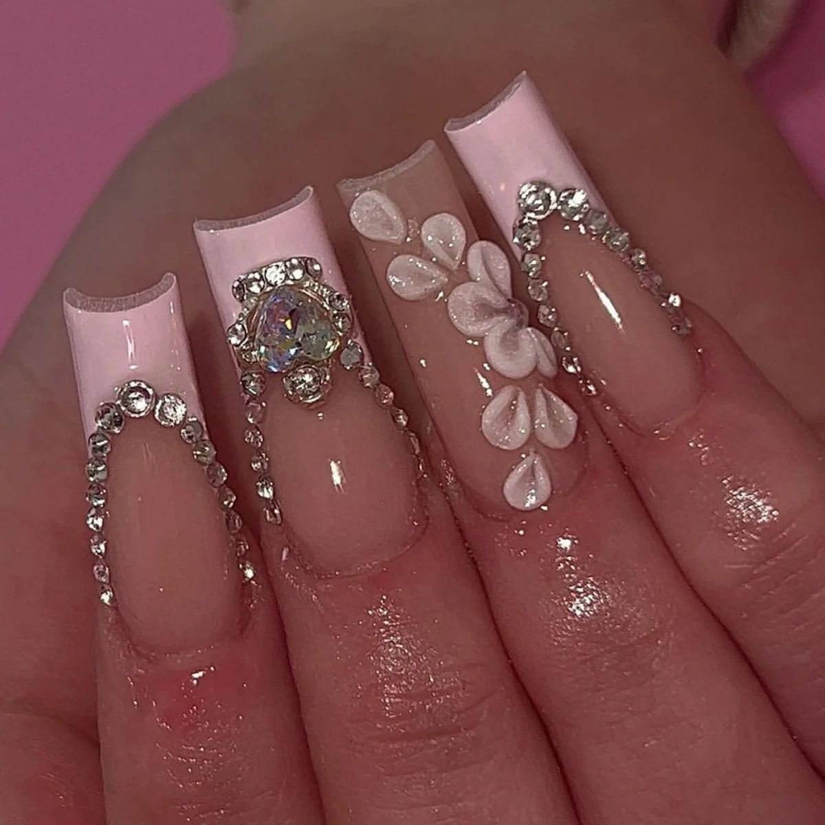 24pcs Mid-length Press on Nails Pink French Full Cover Flower Design Fake Nail Reusable Pearl False Nail with Jelly Glue Nails