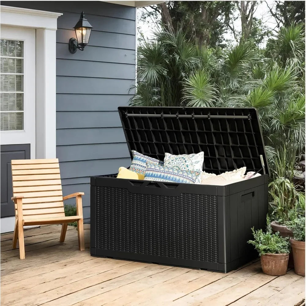 New arrivals 100 Gallon Resin Deck Box,Outdoor Large Storage Box,Weatherproof and UV Resistant,Lockable Storage Container