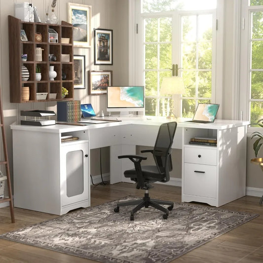 L Shaped Computer Desk with Drawer, 60 Inch Office Desk with Power Outlets and USB Ports, Large L Shape Corner Desks