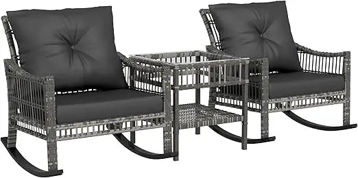 Wicker Outdoor Rocking Chair Set, 3 Piece Patio Furniture Set with Padded Cushions and Storage Coffee Table, 2-Seater PE Rattan