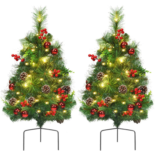 Set of 2 24in Battery Powered Pre-lit Pathway Christmas Trees Outdoor Decoration