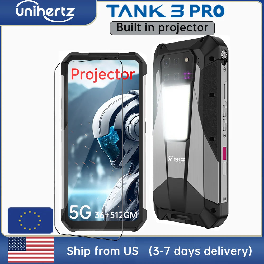 Unihertz Tank 3 Pro 8849 Rugged 5G Phone with 100 Lumens Projector Android 14 32GB 512GB 23800mAh Waterproof Phone WIFI 6 NFC