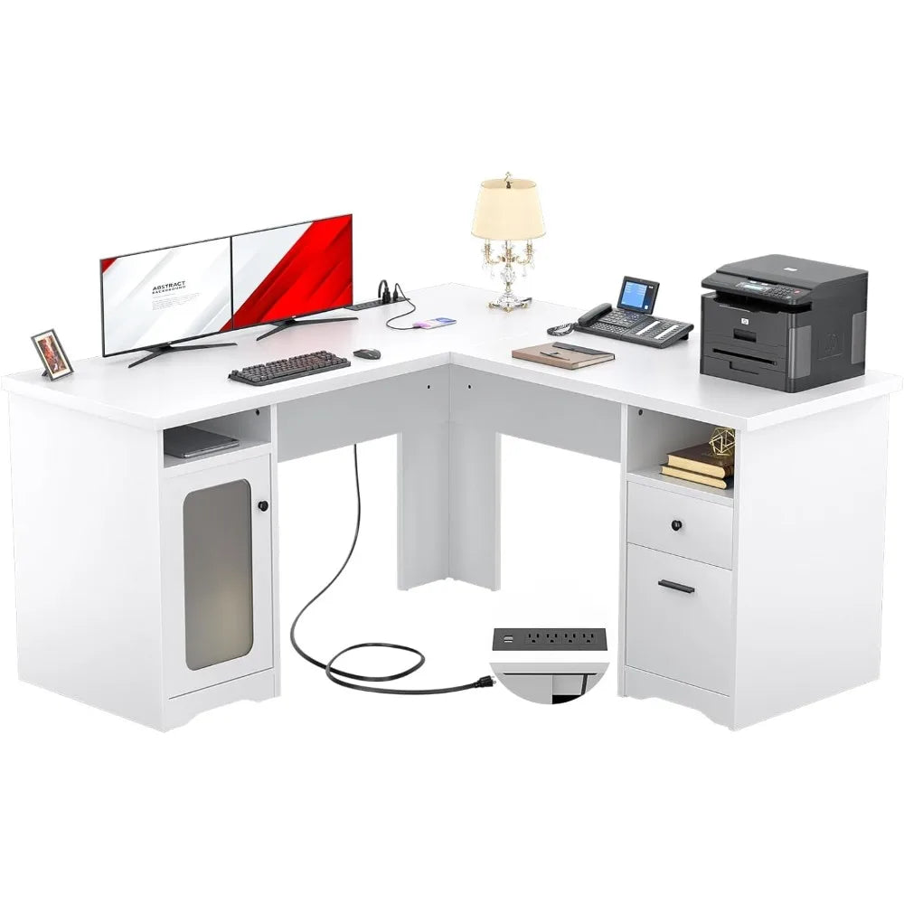 L Shaped Computer Desk with Drawer, 60 Inch Office Desk with Power Outlets and USB Ports, Large L Shape Corner Desks