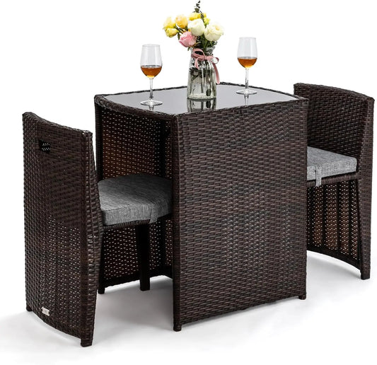 3 PCS Wicker Outdoor Patio Bistro Set, Patio Furniture Set for Small Space with Glass Top Table Dining Chairs