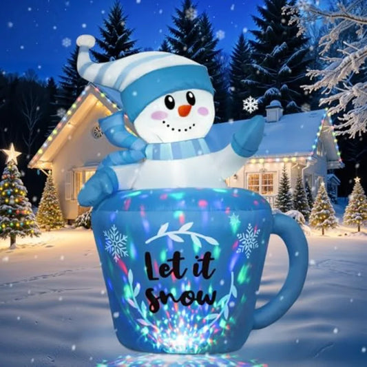 5FT Christmas Inflatable Snowman in Mug Adorable Blue Snowman Blow Up Awaiting the Snow Outdoor Winter Decorations with Builtin