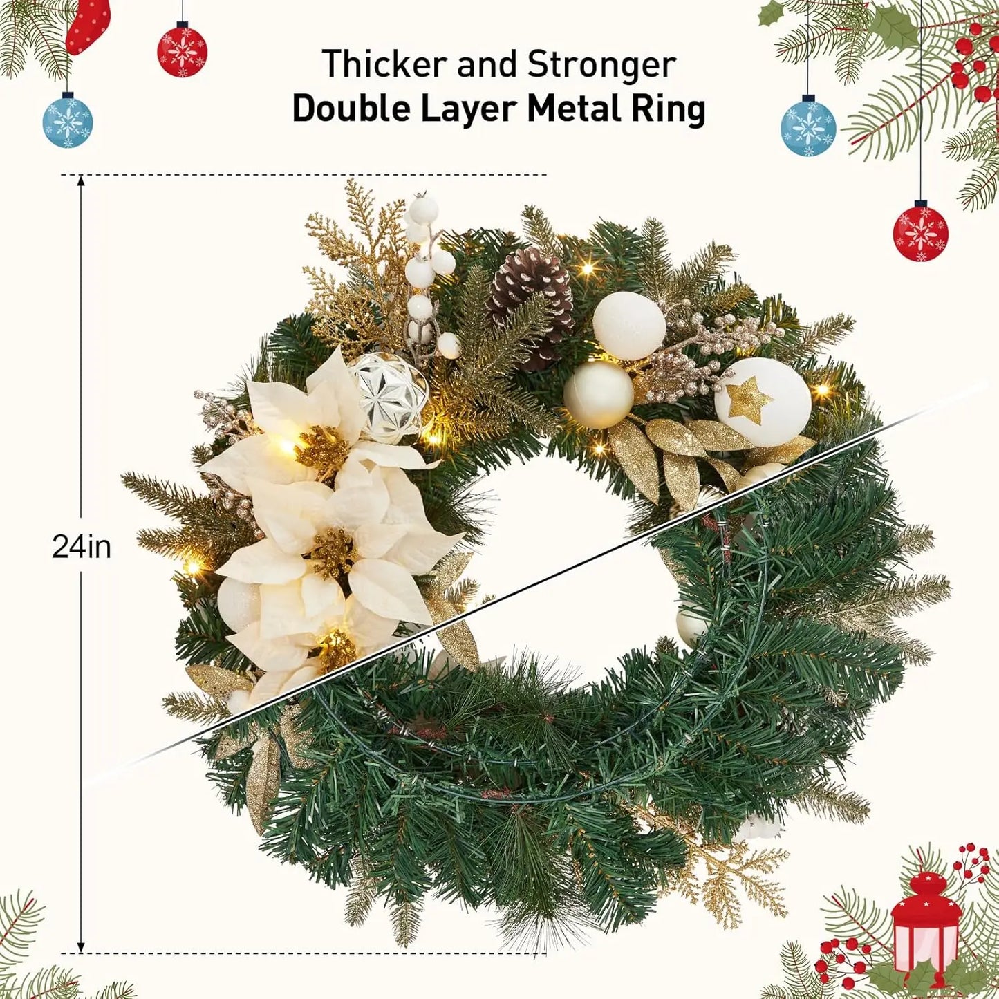 24 Inch Lighted Christmas Wreath with Timer Pre-Lit Xmas Wreath with Flower Bowknot Pine Cones Balls Battery Operated Wreath