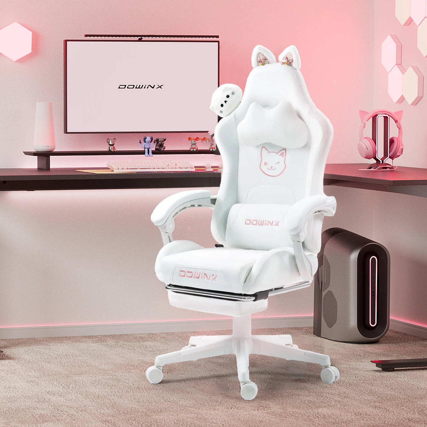 Dowinx Gaming Chair Cute with Cat Ears and Massage Lumbar Support, Ergonomic Computer Chair for Girl with Footrest and Headrest