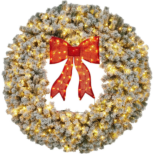 48in 60in Large Flocked Artificial Pre-Lit Fir Christmas Wreath Holiday Accent Decoration for Door, Mantel