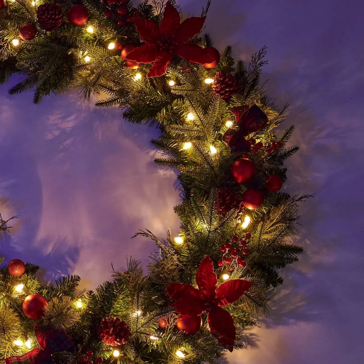 9Ft Red Poinsettias Pre-lit Christmas Garland 70 Lights Plug in,Holiday Decoration Fireplace Stairs Mantle Door Indoor Outdoor