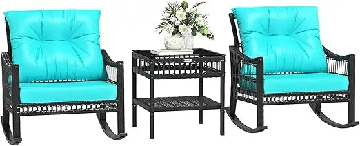 Wicker Outdoor Rocking Chair Set, 3 Piece Patio Furniture Set with Padded Cushions and Storage Coffee Table, 2-Seater PE Rattan