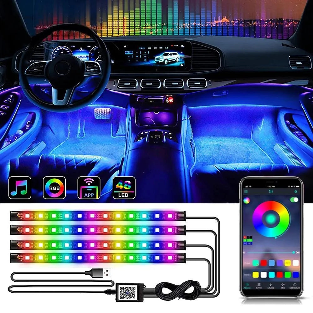 RGB Automotive Atmosphere Decorative Lamp Led Interior Light Strip Car Foot Ambient Lights with USB Cigarette with Remote Voice