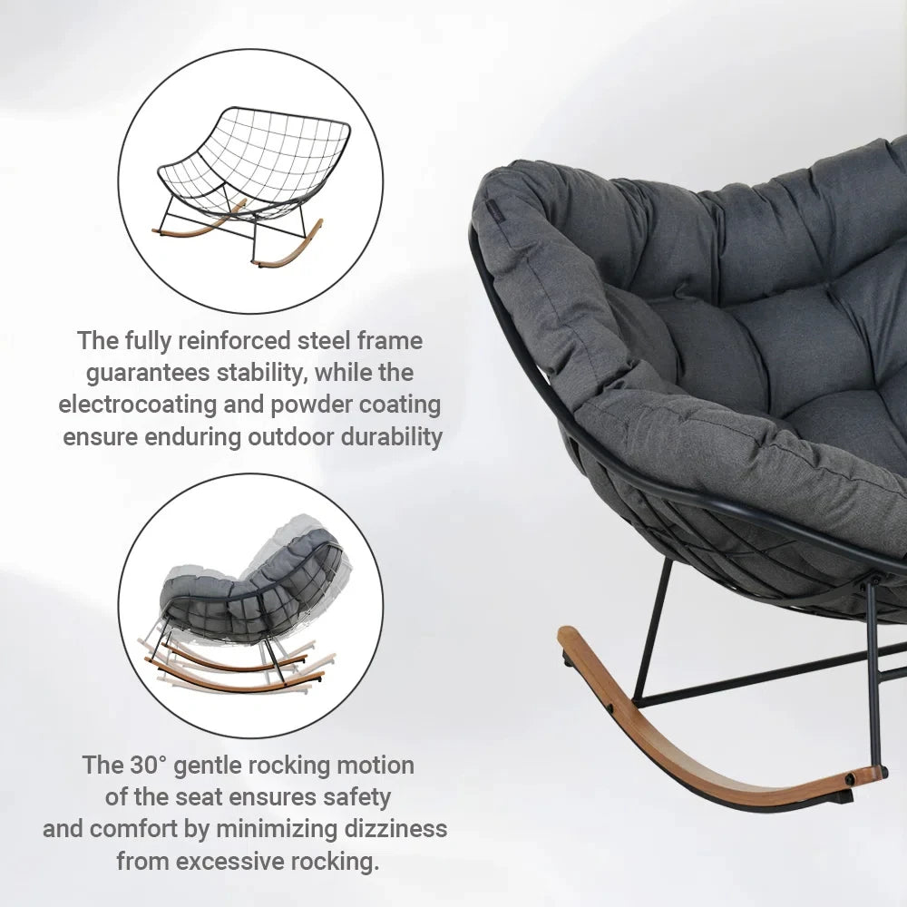 Outdoor Rocking Chair , E-Coated Papasan Rocking Chair with Cushion, Oversized Recliner Rocker for Patio Porch Garden