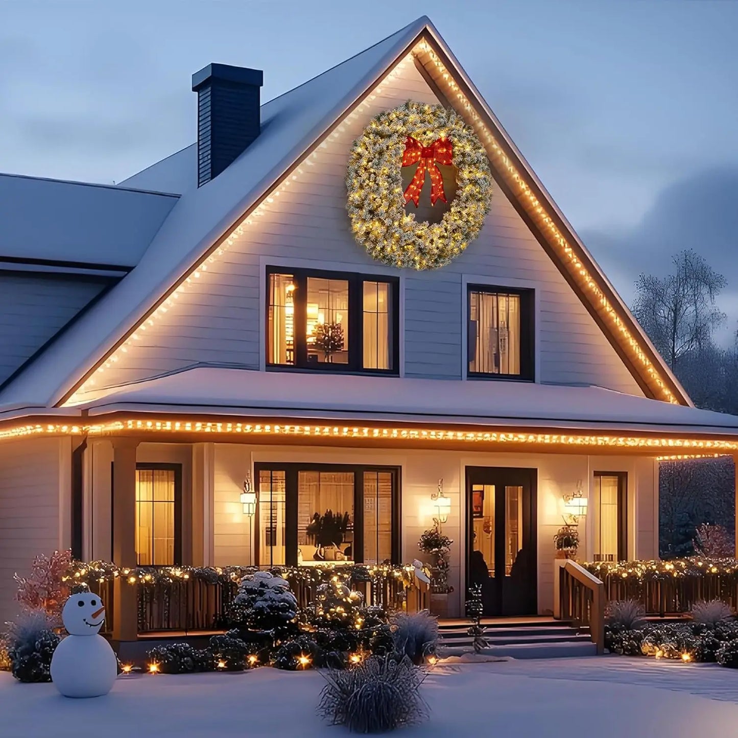 48in 60in Large Flocked Artificial Pre-Lit Fir Christmas Wreath Holiday Accent Decoration for Door, Mantel