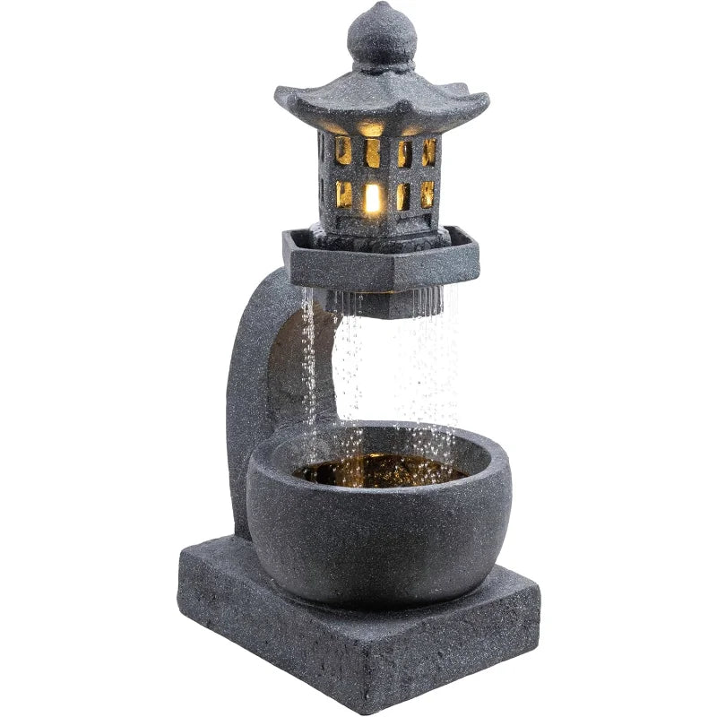 DIG370 31"Outdoor Zen Pagoda Water Fountain with LED Lights&Illuminated Stone Bowl–Tranquil Garden Water Feature for Relaxation