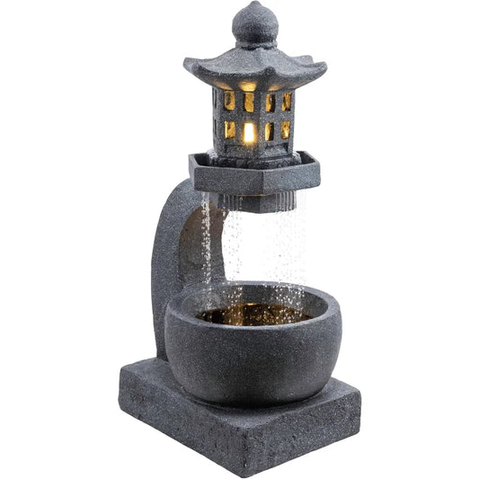 DIG370 31"Outdoor Zen Pagoda Water Fountain with LED Lights&Illuminated Stone Bowl–Tranquil Garden Water Feature for Relaxation