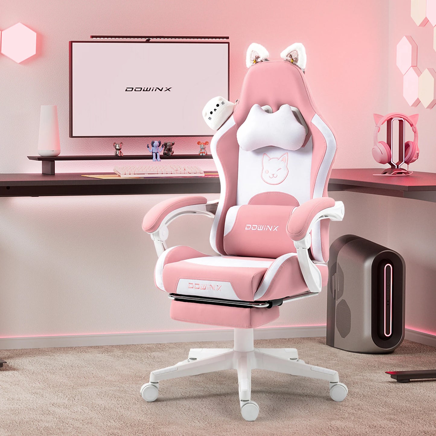 Dowinx Gaming Chair Cute with Cat Ears and Massage Lumbar Support, Ergonomic Computer Chair for Girl with Footrest and Headrest