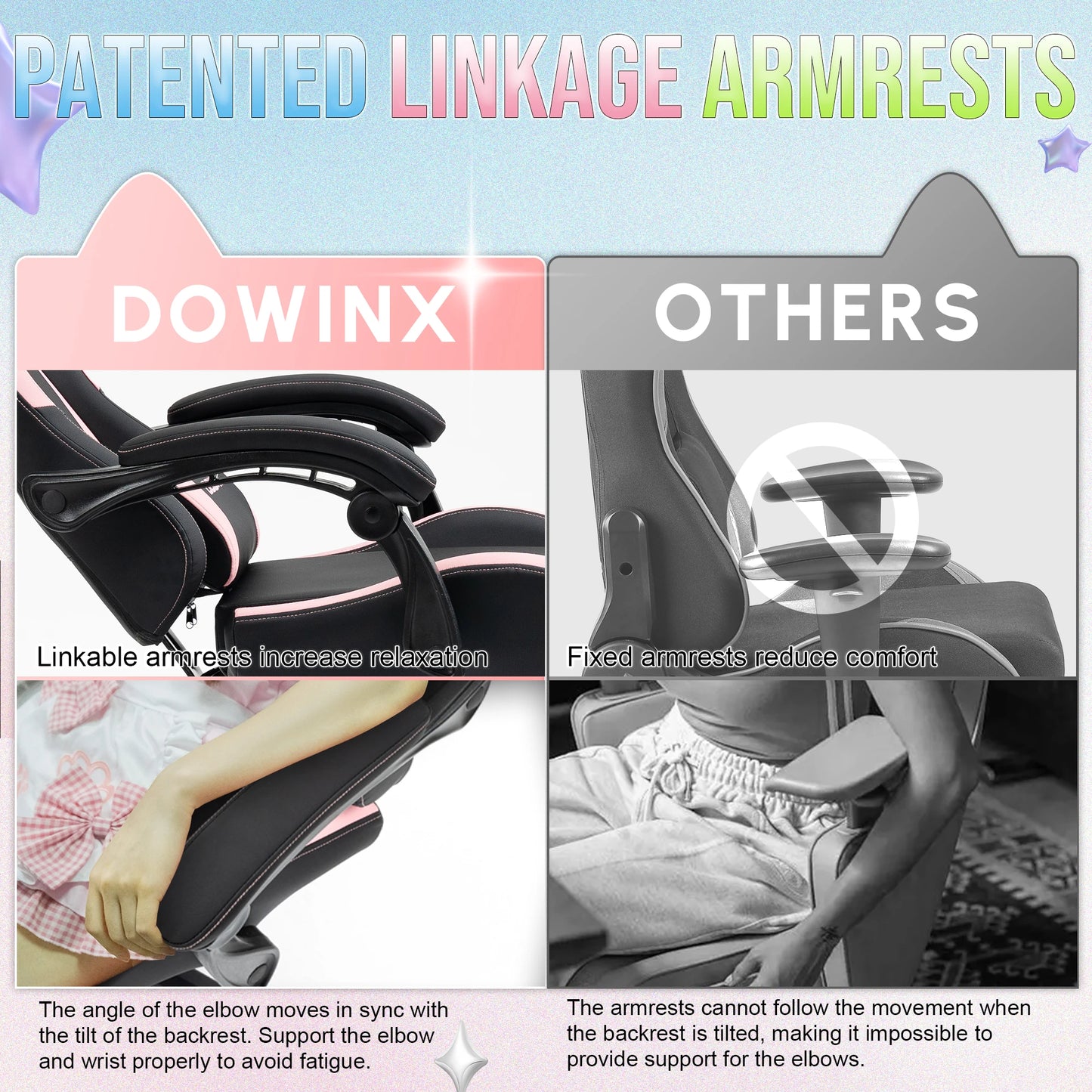 Dowinx Gaming Chair Cute with Cat Ears and Massage Lumbar Support, Ergonomic Computer Chair for Girl with Footrest and Headrest