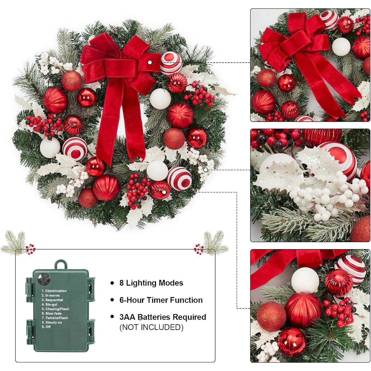 24 In Pre-Lit Christmas Wreath Battery Operated Lighted Xmas Door Wreath With Ball Ornaments For Christmas Door Fireplace Decor